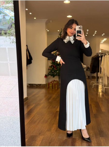 فستان اسود  شتوي من تحت ابيض