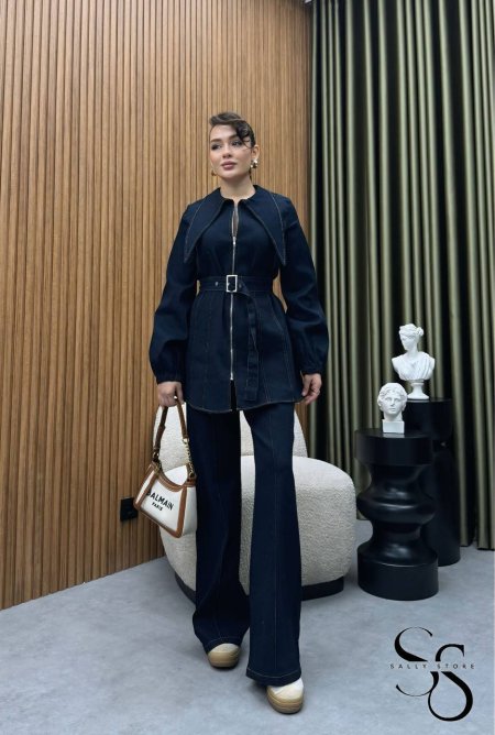 طقم جينز كحلي  بنطلون وجاكيت مع حزام